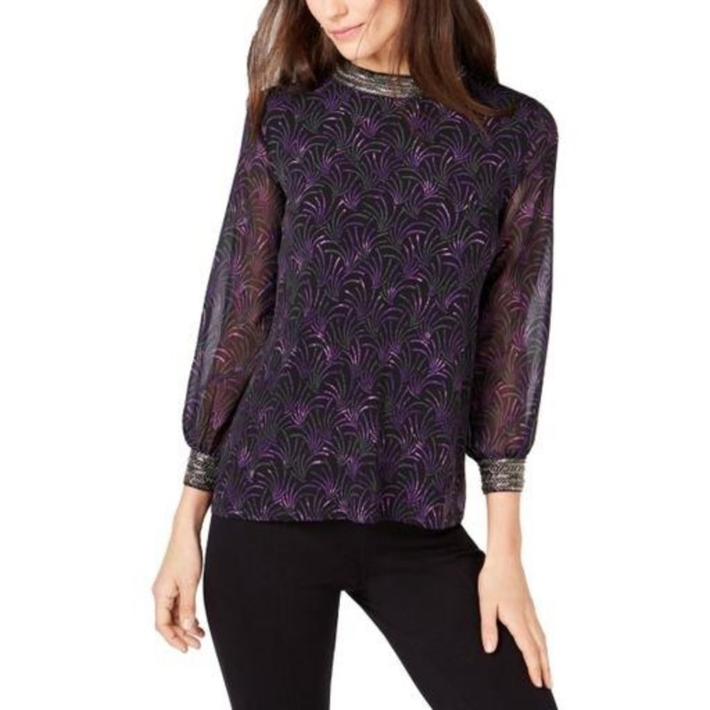 Alfani Womens Petites Printed Embellished Blouse